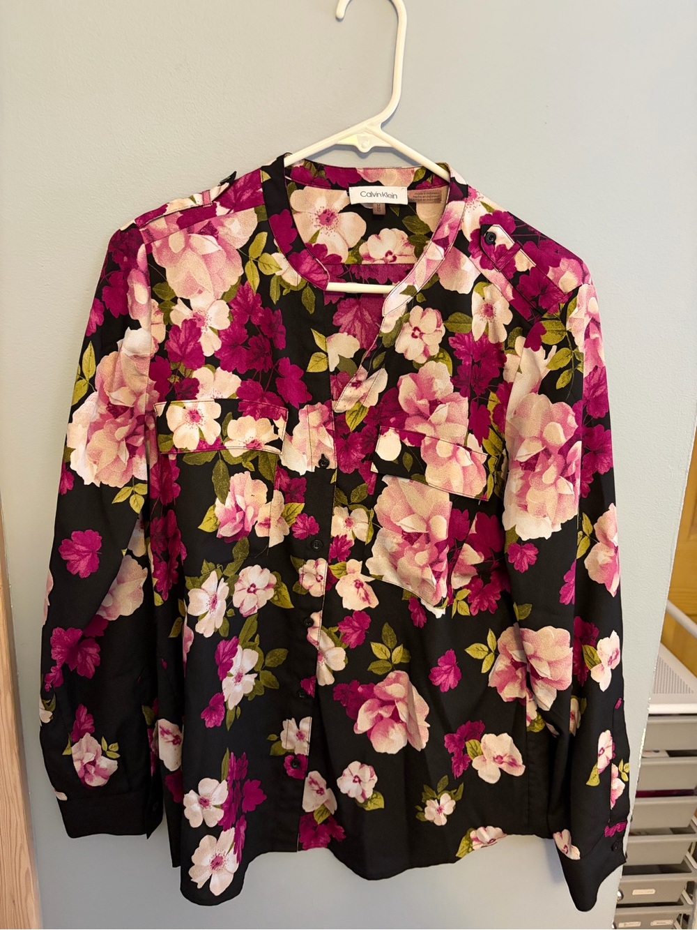 Calvin Klein Black Floral Blouse with Pink & Cream Blooms